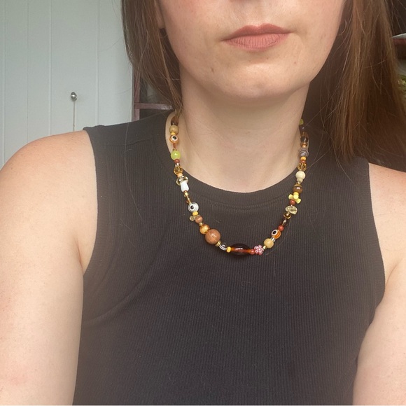 Be Like Honey Mixed Bead Necklace Amber Brown Evil Eye Glass Beads Orange Flower - Picture 8 of 11